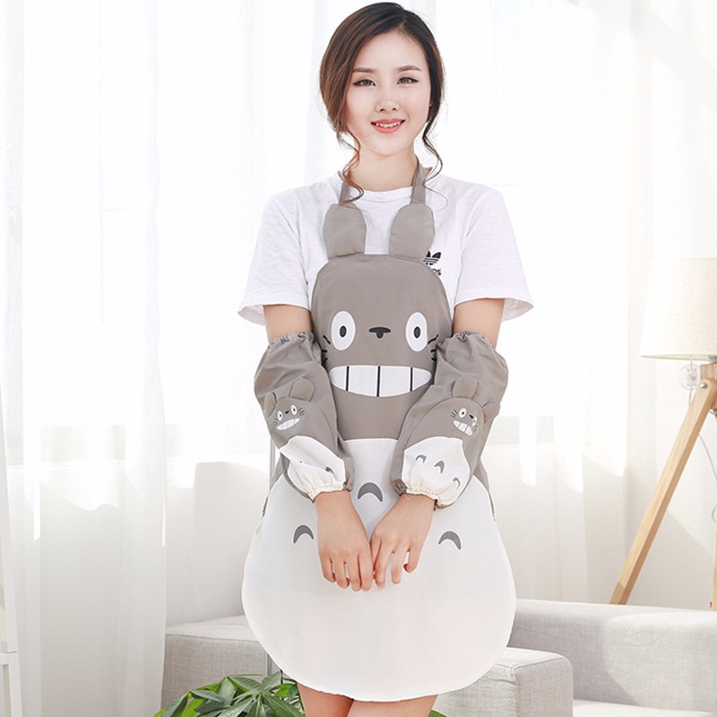 创意韩版时尚龙猫围裙 防水防油污厨房围裙家居做饭卡通围裙 套装 灰色（送套袖）