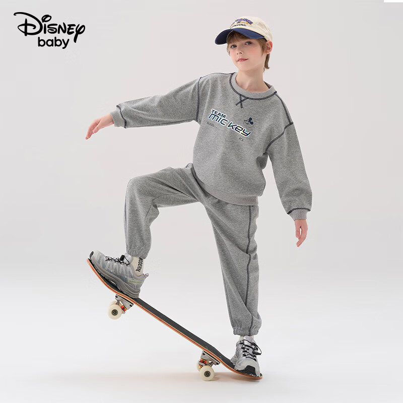 迪士尼（Disney）儿童时尚针织圆领套装2026春秋新款两件套洋气上衣休闲长裤子童装 中麻灰 160  高155-160cm重85-100斤
