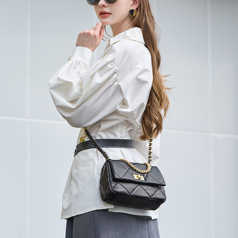 GUSKI法国奢侈品牌女包方包手提菱格包腋下单肩斜挎包生日情人节礼物 Black【黑色】 送女友送老婆送妈妈