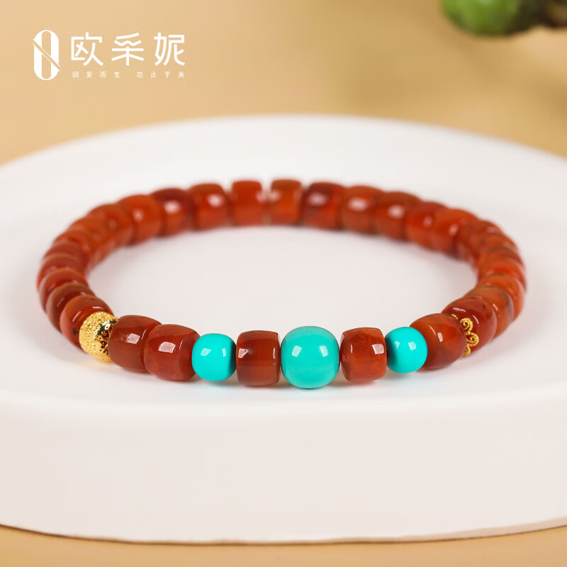 欧采妮(OUCERNY)南红手串天然凉山18k金五条轮珠牛血红火焰纹玛瑙直切绿松diy手链 天然南红 一物一证
