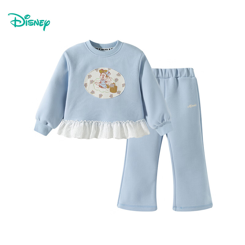 迪士尼（Disney）女童甜美休闲拼接花边卫衣微喇裤套装耐磨舒适春秋季26年新款套装 冰蓝色 90 （建议1-2岁身高80-90cm)