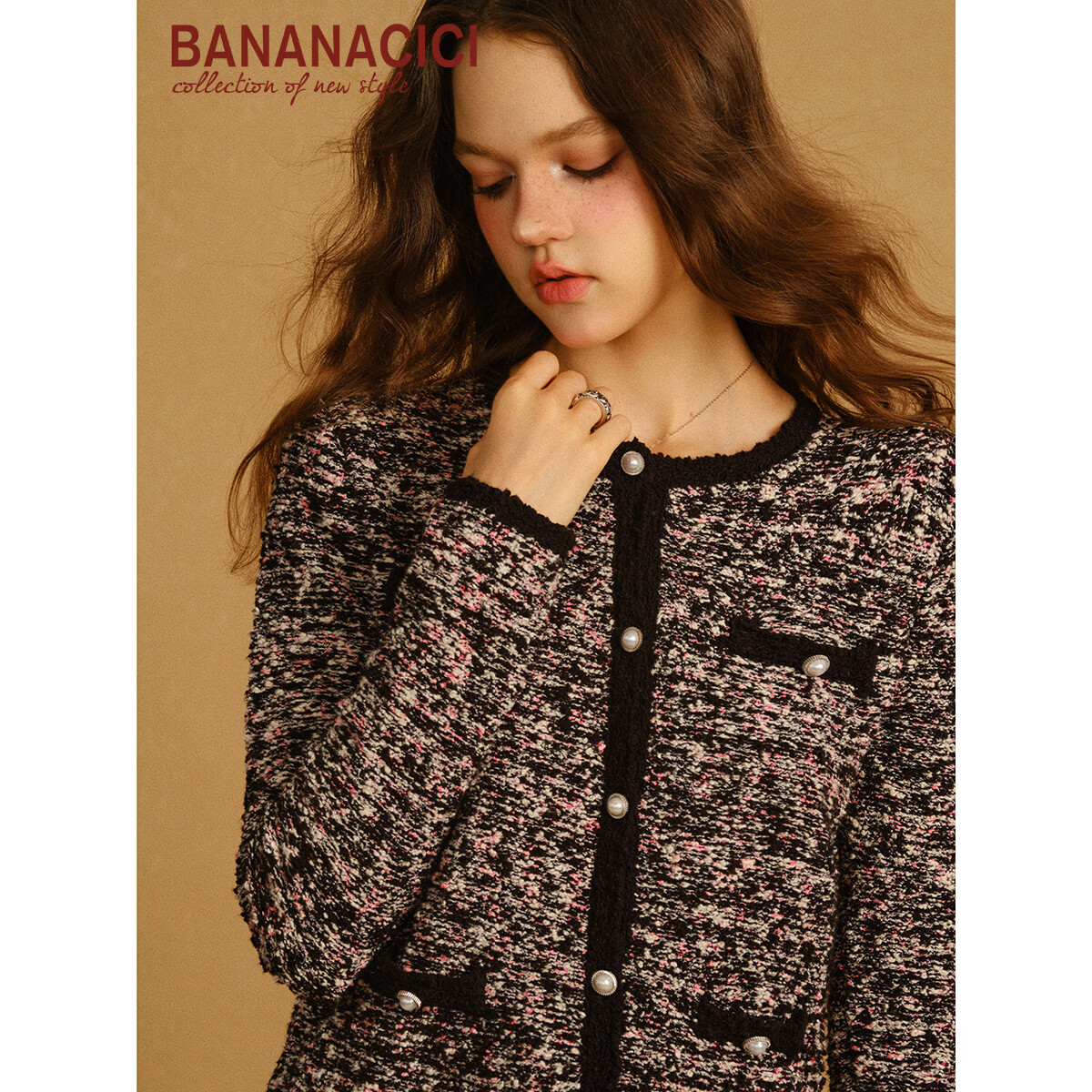 banana cici2026年春季新款小香风短款粗花呢圆领针织开衫外套C2S1MY539 黑色 L