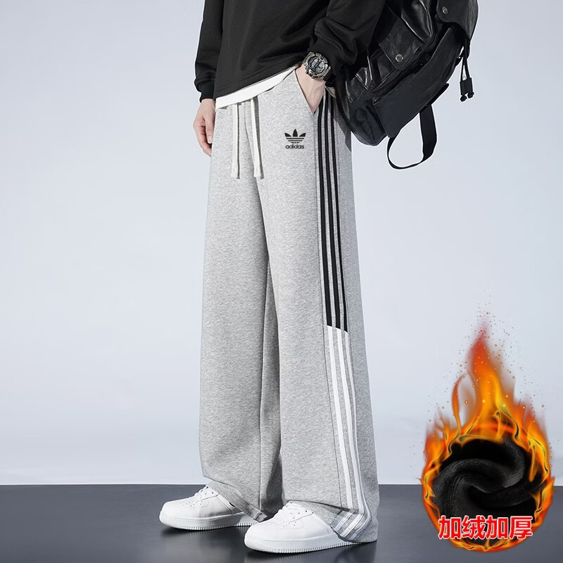 Y-3阿迪三叶草三条杠春秋夏休闲运动裤男女同款宽松直筒棉质大码卫裤 蓝色【加绒款】 5XL 建议体重190~210斤