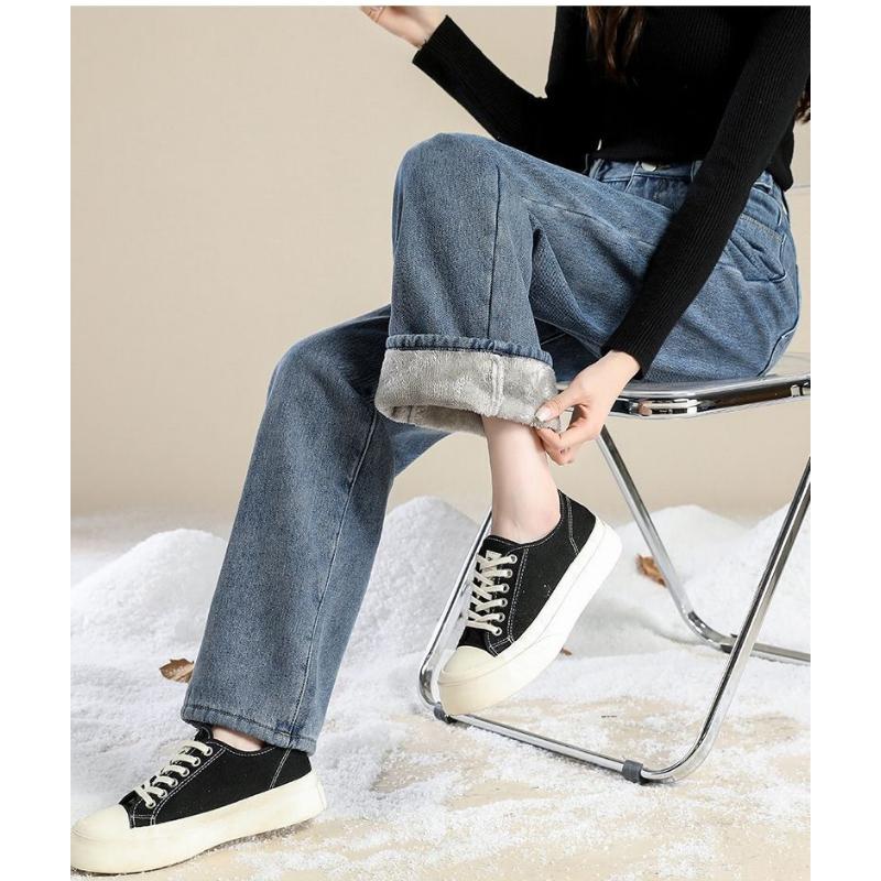 燠阳加厚高腰垂坠感休闲阔腿牛仔裤女加绒保暖外穿宽松直筒拖地裤子冬 复古蓝【加绒加厚】 XS 【80斤以内】