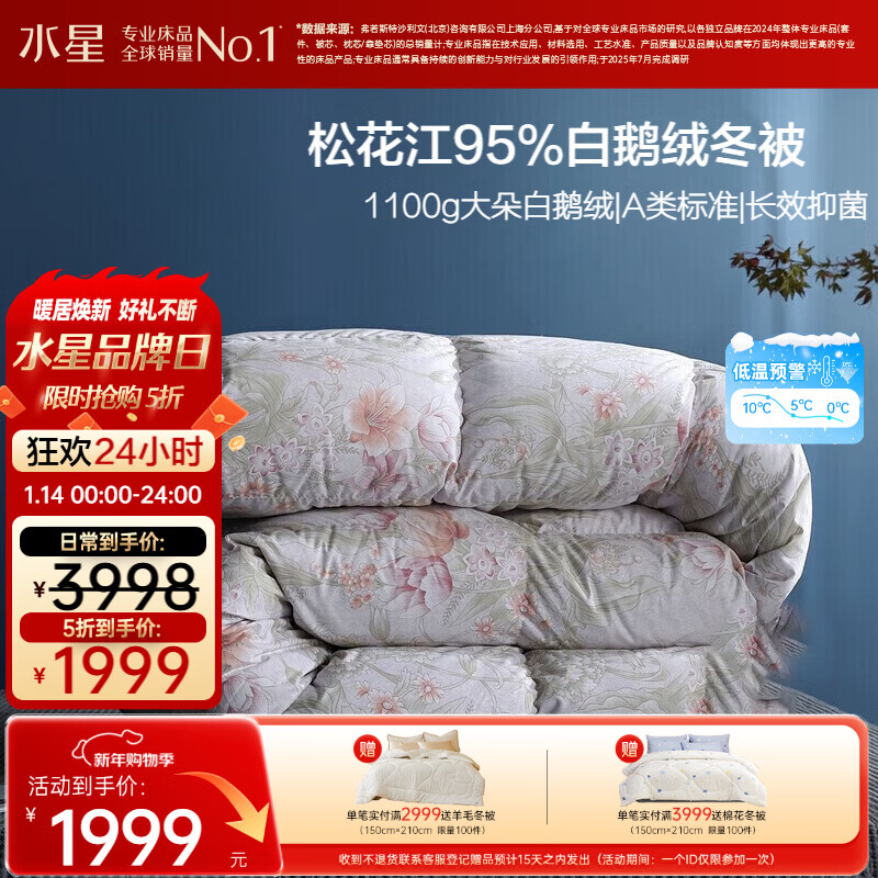 水星家纺羽绒被95%白鹅绒被子冬季加厚冬被芯双人羽绒被220cm×240cm-1100g