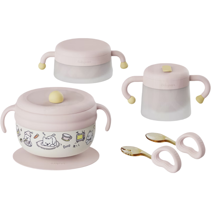 babycare餐具组合粉色-萌趣礼盒-五件套+西高地筷+果冻硅胶围兜