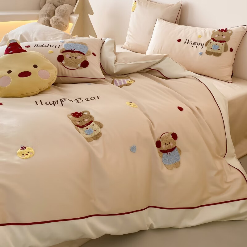 ROLAND LIVE秋冬全棉磨毛卡通四件套柔软被套床单纯棉儿童卧室三件套 XR 全棉磨毛套件-卡通奶油泡芙 1.2米床 床单款 【被套150*200cm】