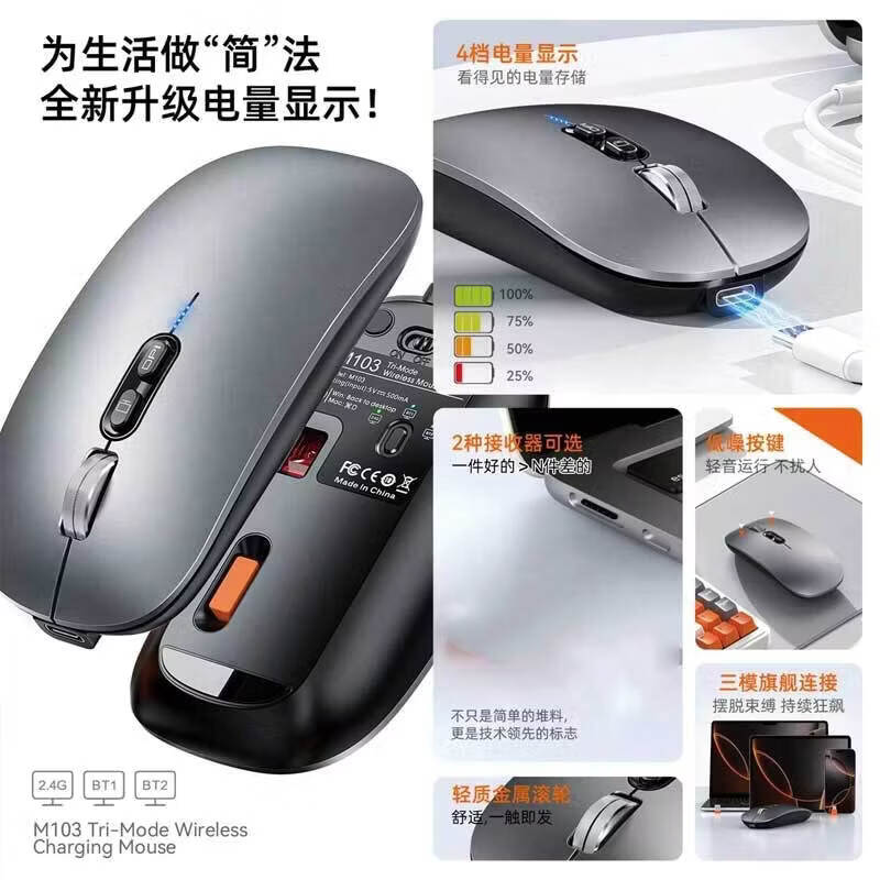 适用2025款苹果电脑笔记本MacBook Pro/Air M5M4M3M2无线蓝牙鼠标type-c接口办公静音充电iPad平板 【太空灰】蓝牙+USB+Typec接口