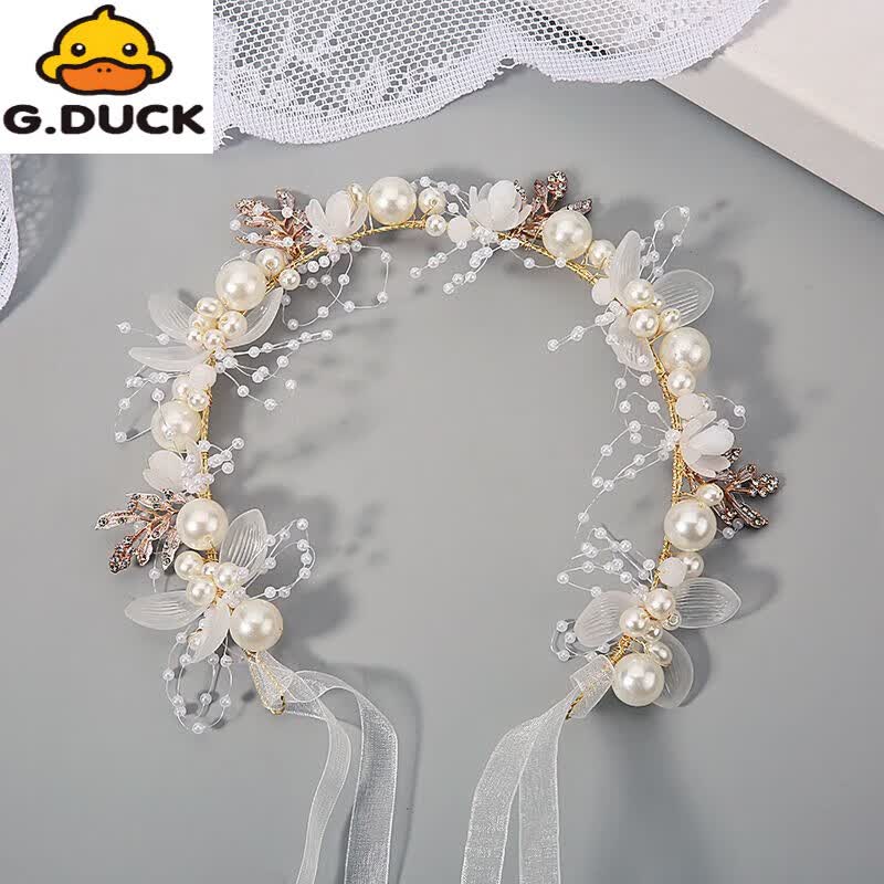 G.duck儿童头花饰品女童花环头饰小女孩花朵公主森女系韩国花童发饰演出 鹅毛单asx011+耳夹【款】