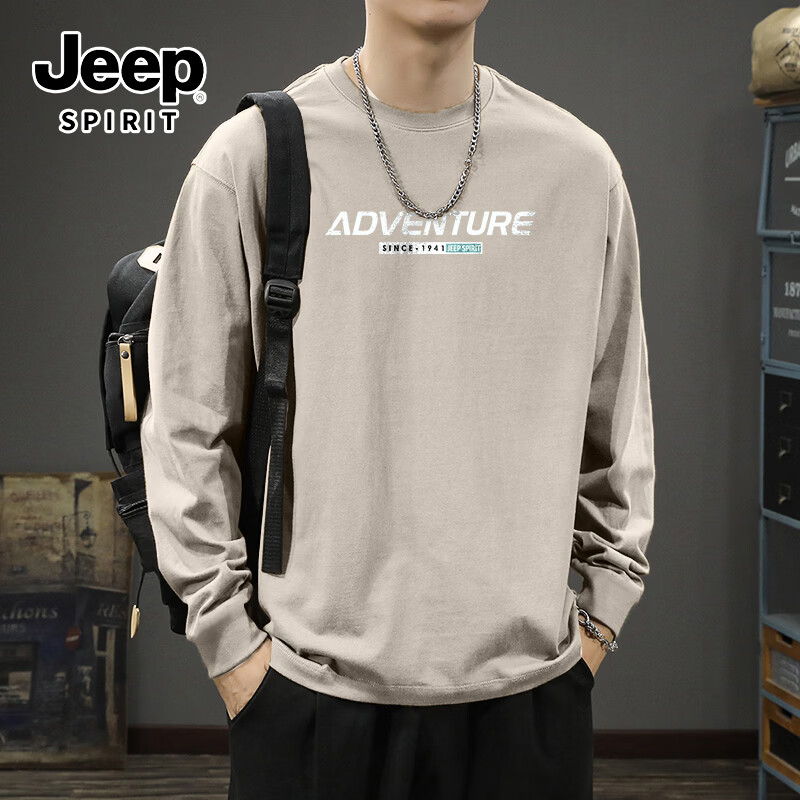 JEEP SPIRIT吉普重磅美式长袖男秋季纯棉透气户外休闲上衣百搭高街韩系t恤男