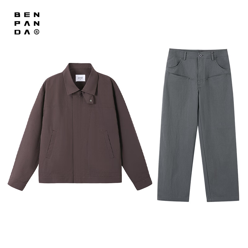 熊猫·本（ben.panda）2026春季新款户外工装防泼水立领夹克裤子套装男休闲两用领外套 酱紫色+深灰色[套装】 M