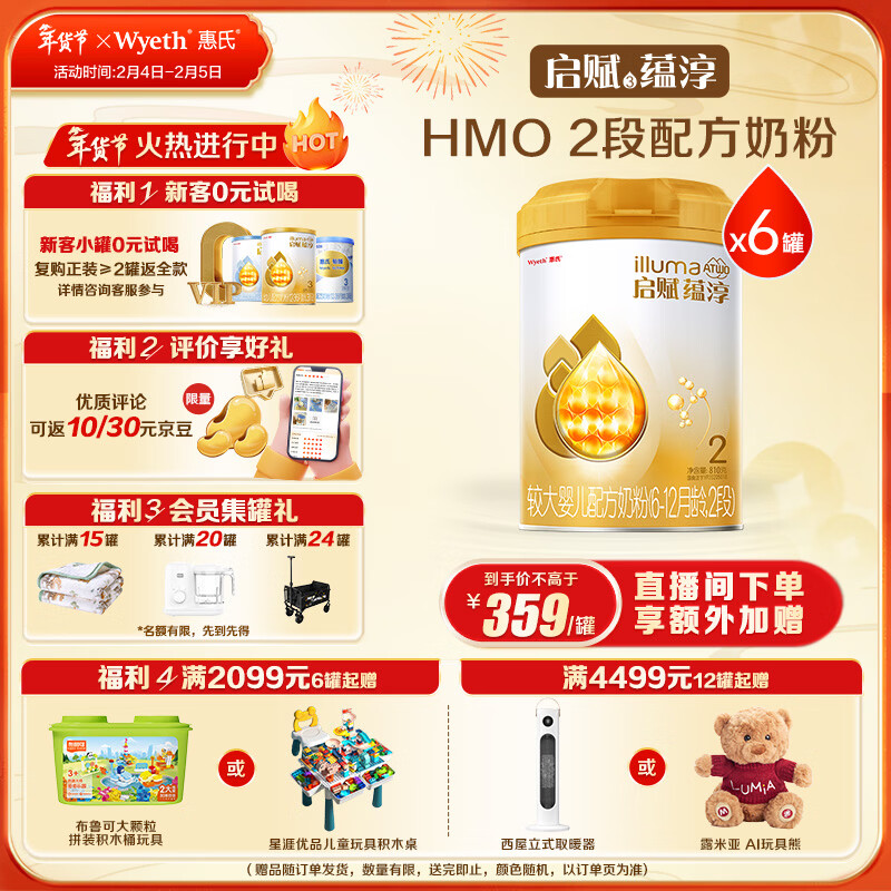 惠氏（Wyeth）启赋蕴淳A2进口HMO较大婴儿配方奶粉2段（6-12月）810g*6罐