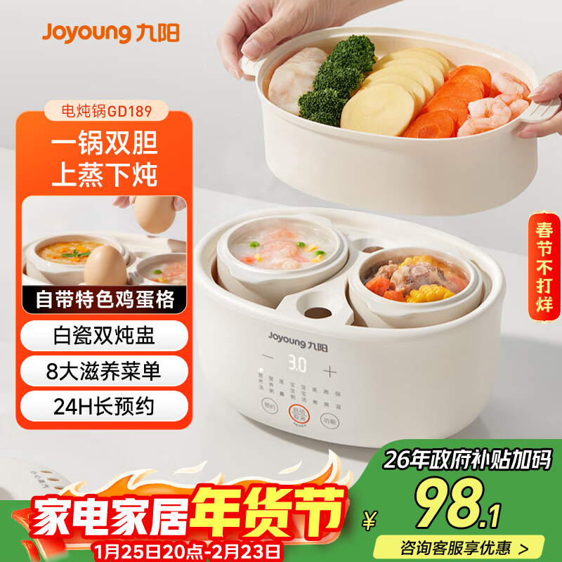 九阳（Joyoung）快炖电炖锅炖盅 燕窝炖盅 隔水炖锅 多功能锅婴儿宝宝辅食锅 bb煲汤锅炖汤锅蒸锅1L精巧容量GD189