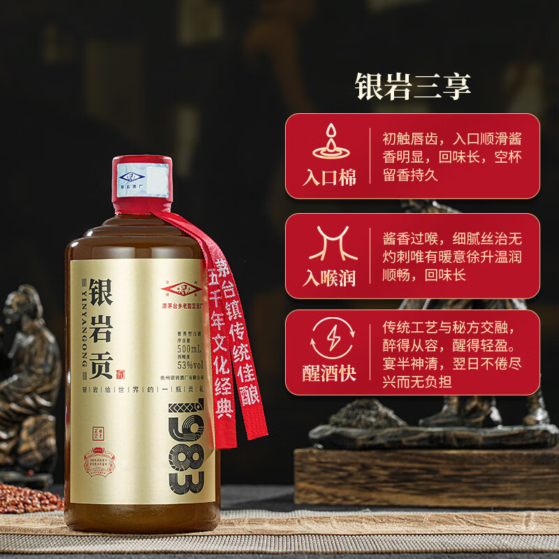 银岩贡酒1983 大曲坤沙工艺 53度纯粮酱香酒 原国营老酱酒厂出品 53度 500mL 6瓶 原箱装