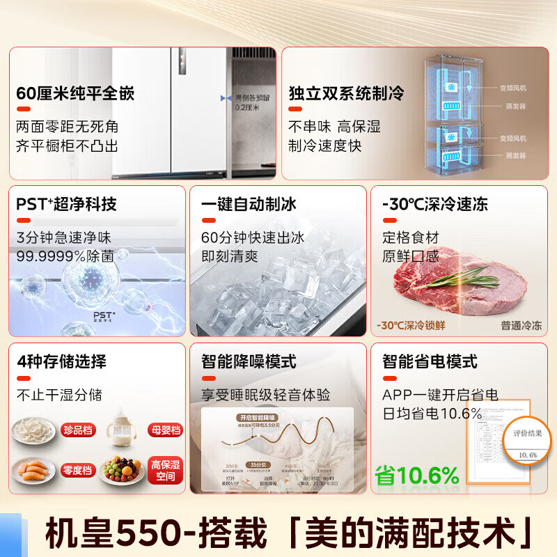 美的(Midea)冰箱M60系列 550机皇法式冰箱 多门四开门纯平全嵌双系统双循环自动制冰 一体机大容量一级能效 双系统|制冰除菌|零嵌机皇-曦云白