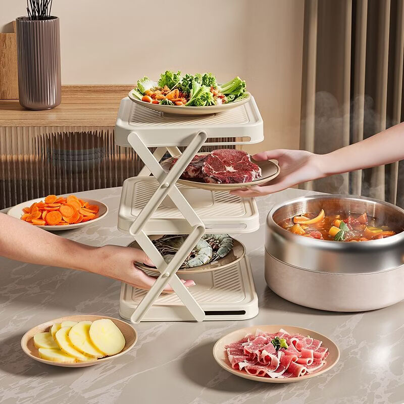 咏幻可折叠火锅食材架子厨房备菜置物架多功能收纳神器多层台面配菜盘 [奶白]三层+3个装 折叠空间备菜架/释放空间/折叠菜架