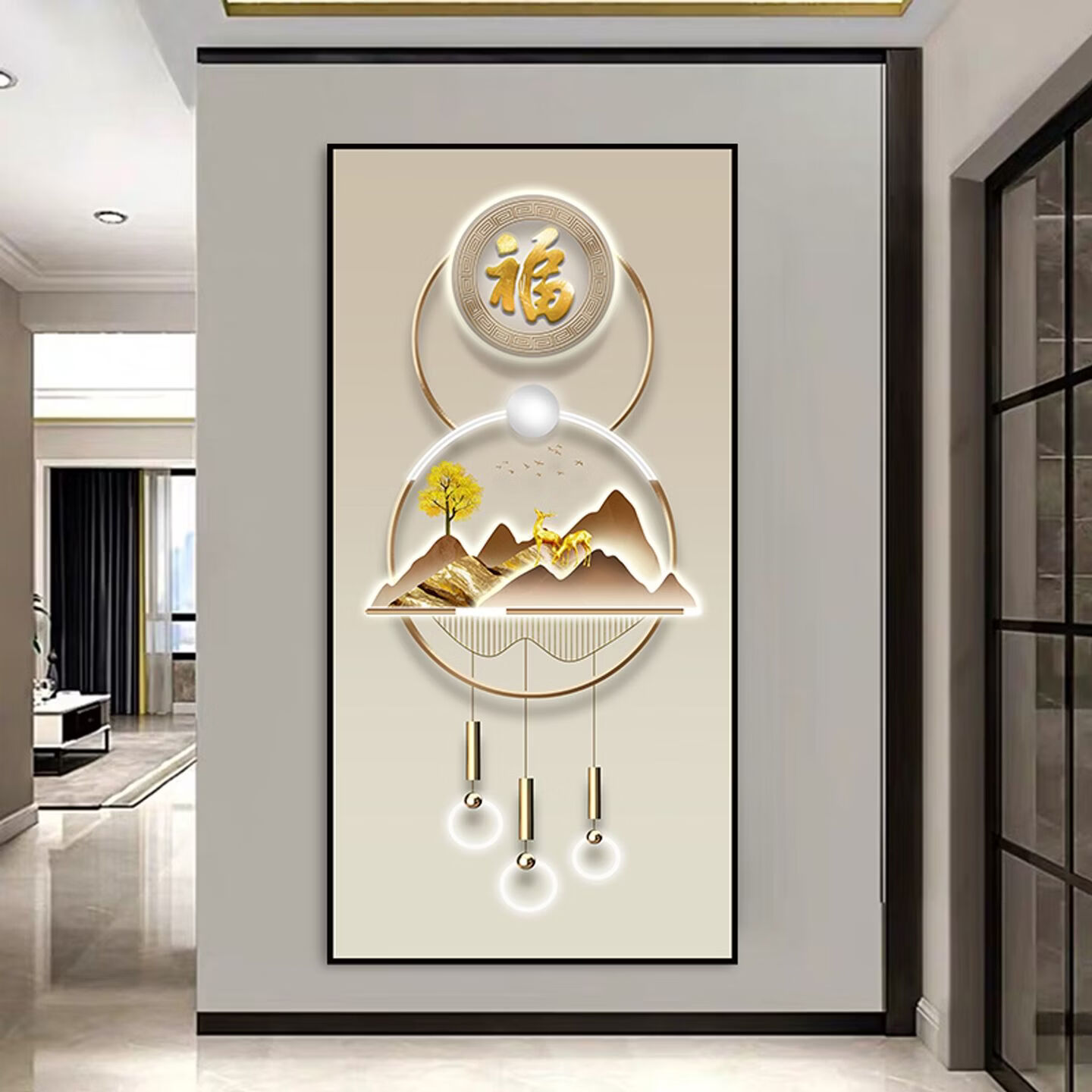 2026年新款福字入户玄关装饰画正对门自粘贴画高端客厅走廊墙壁画 百福图 宽120cm-高240cm 打印边框