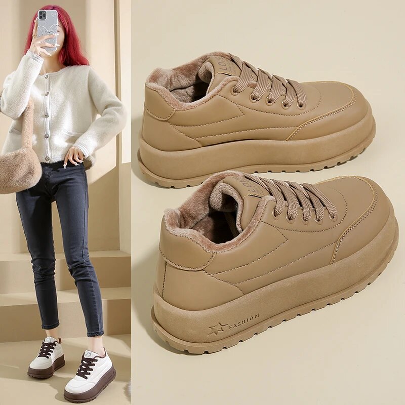 回力四季棉鞋女冬季2025新款加绒加厚高帮保暖老爹鞋女士厚底防滑雪地女鞋 卡其色加绒升级版 37