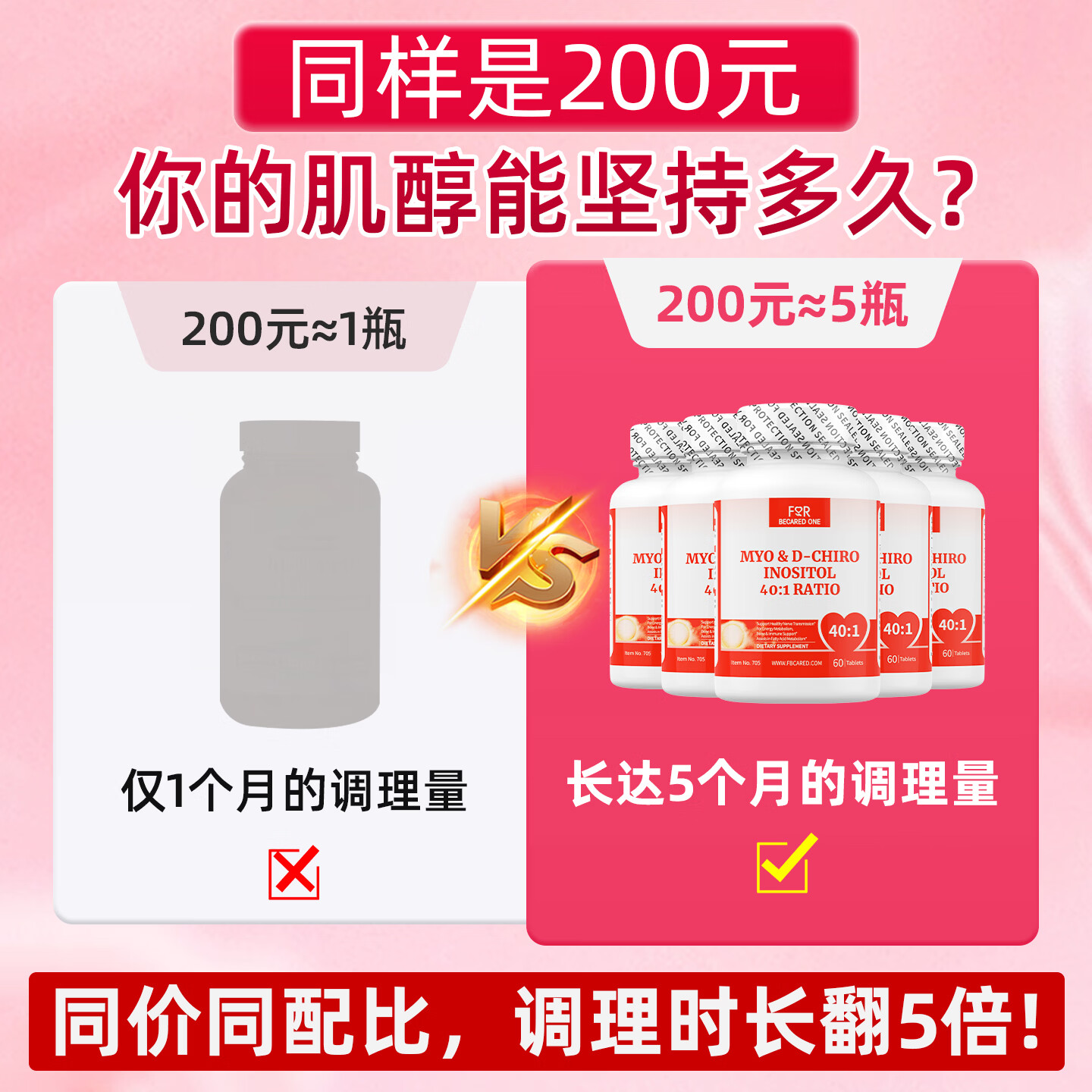 FOR BECARED ONE肌醇40:1多囊胰岛抵抗素调理卵巢myo胶囊手性备孕女性维生素b8片 性价比之王】40:1黄金肌醇 60粒*5瓶