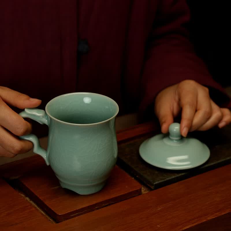 汝誉天下汝窑茶具茶杯龙头杯办公杯会议杯河南汝州汝瓷天青冰裂纹陶瓷水杯 龙头杯(粉青)