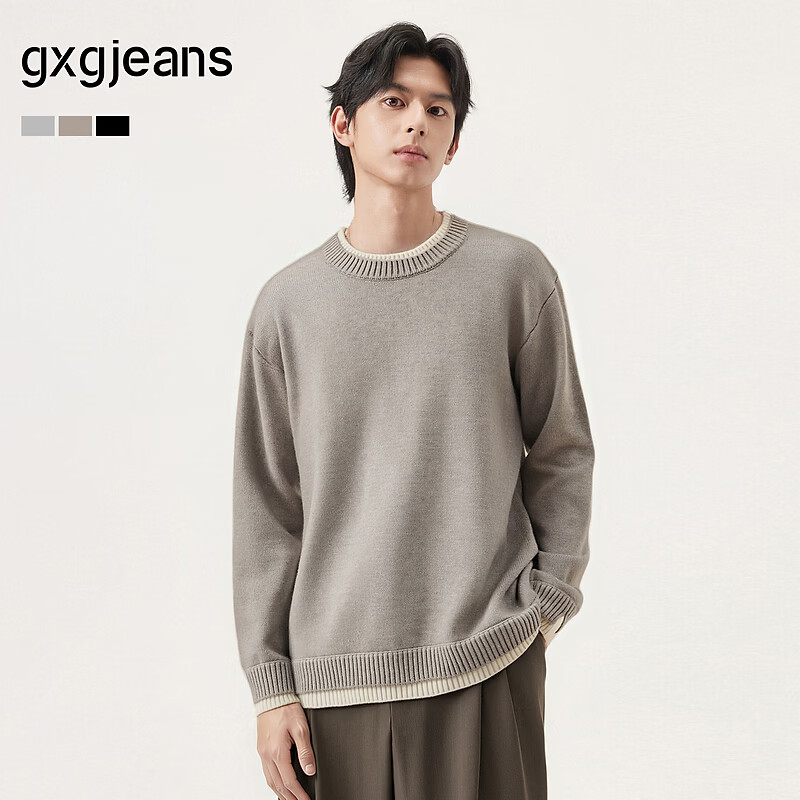gxgjeans男装 假两件休闲时尚打底圆领毛衣针织衫 25年冬新品 杏色 L (175)