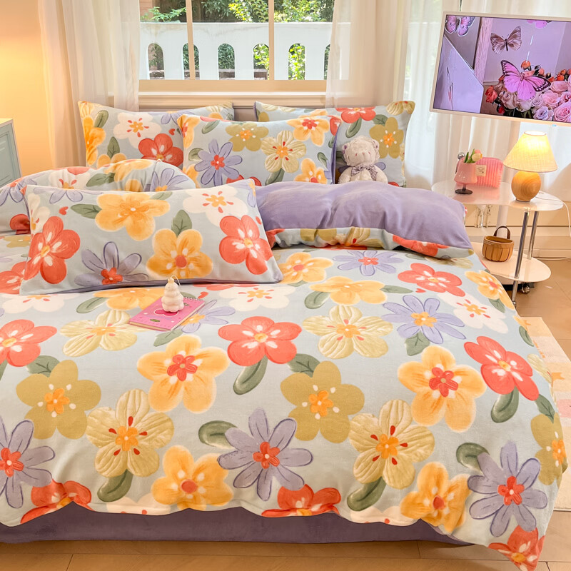 雅鹿冬季亲肤透气牛奶绒印花四件套 绚烂 1.8m四件套 床笠款 （被套200*230cm）