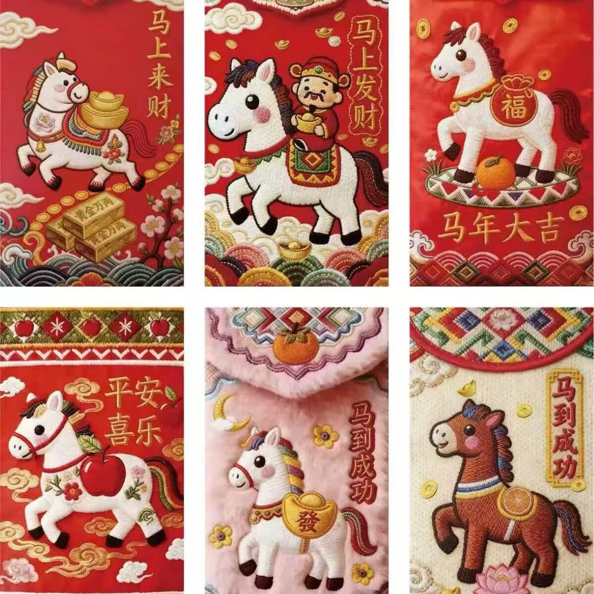 咏幻纸质5D仿刺绣视觉红包马年红包天花板春节新年红包高档压岁钱红包 纸质马年红包10包60个红包
