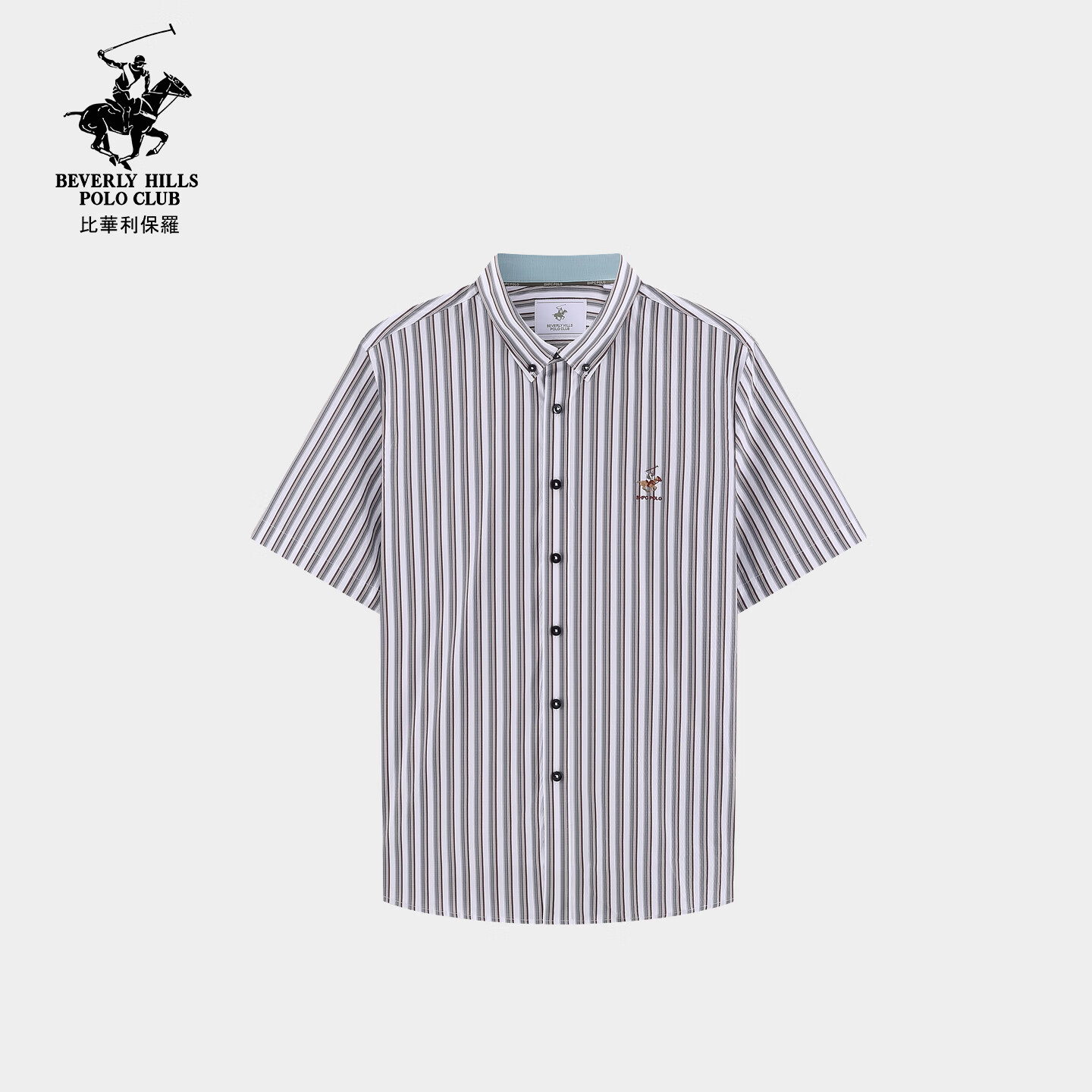 比华利保罗【透气挺括】2026春夏新款男士条纹短袖衬衫时尚百搭休闲上衣 66军绿 L