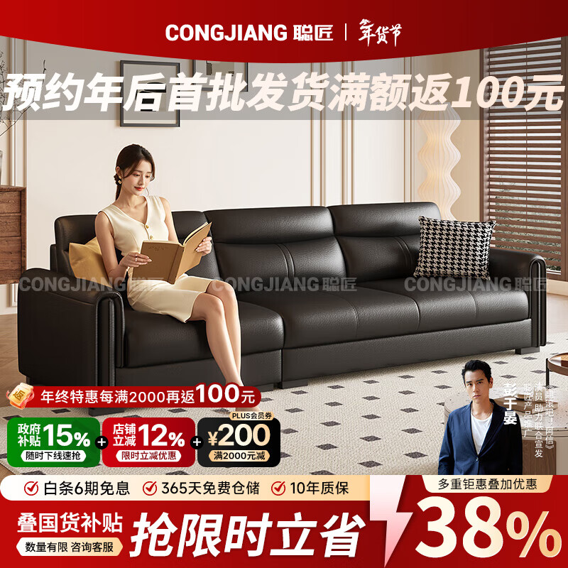 聪匠真皮沙发小户型现代简约客厅直排家用沙发整装家具 【国补】双扶手单人位 旗舰版-科技布【紫罗兰+普通海绵】