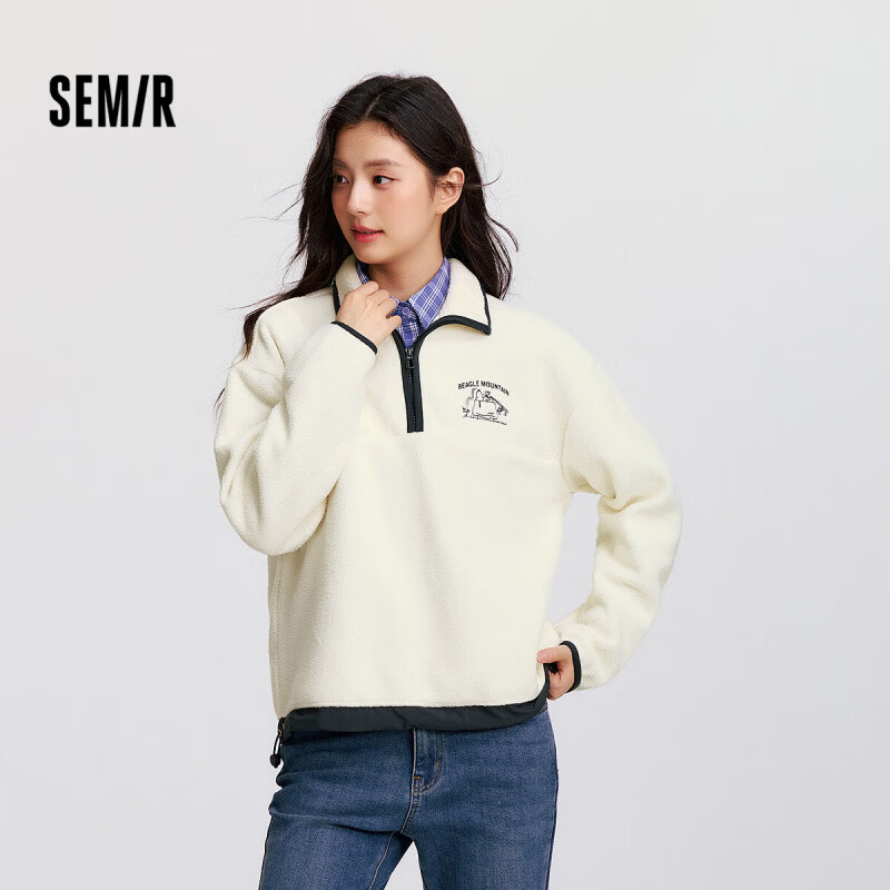 森马（Semir）卫衣女秋冬季中长款宽松立领抓绒上衣刺绣撞色连帽舒适内搭学院风 【A款】奶白10501 M 160/84A