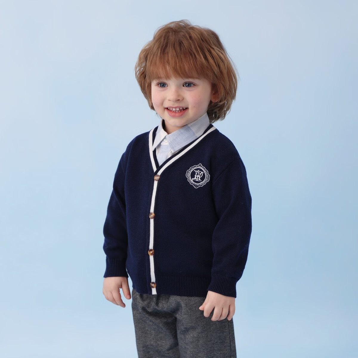 丽婴房儿童针织毛衣男童学院风针织开衫春季2026春新款 中灰 110 cm