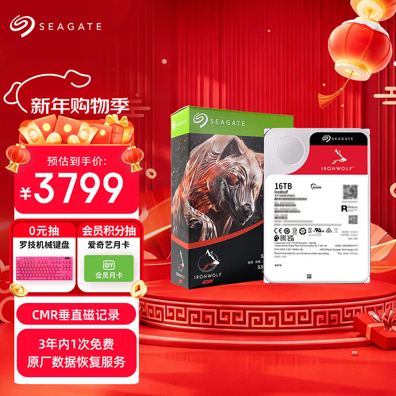 希捷（SEAGATE）NAS硬盘 16TB 256MB 机械硬盘 CMR垂直 静音低耗 数据恢复服务 3.5英寸 希捷酷狼 ST16000VN001