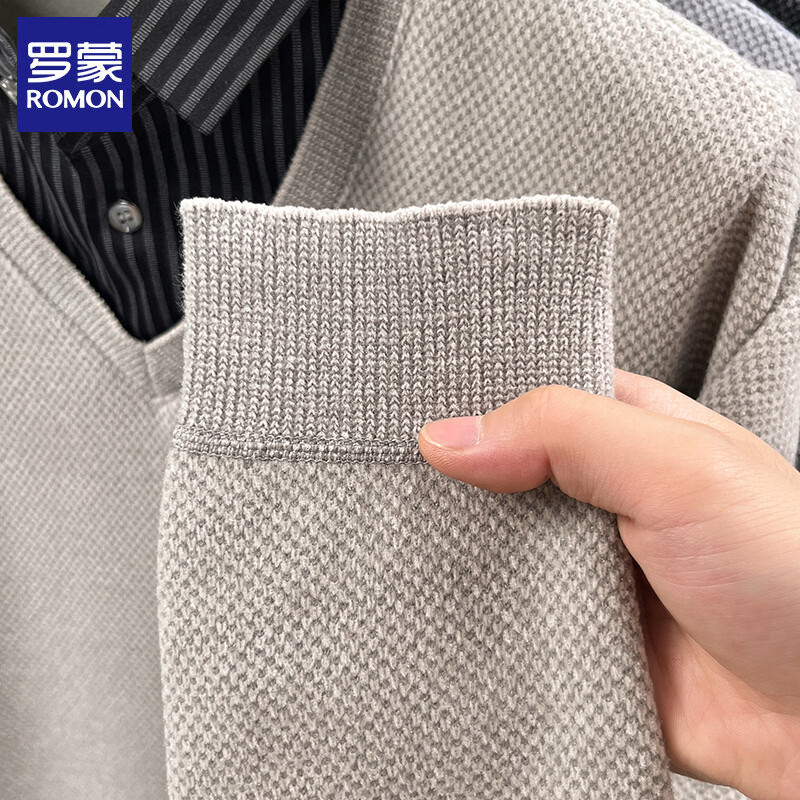 罗蒙（ROMON）仿雪貂绒加绒假两件毛衣男2025冬季新款保暖衬衫领男士针织打底衫 灰色 XL (建议体重135-150斤)