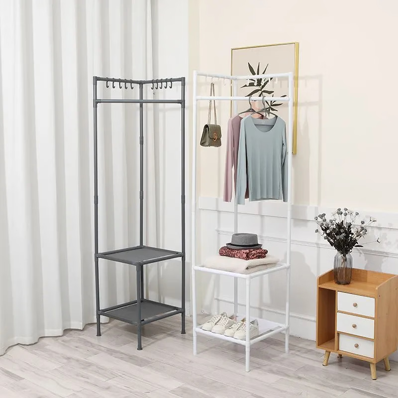 网红转角衣帽架加粗卧室简易衣柜家用落地挂衣架收纳柜床头置物架 【层板加厚】2层-时尚白