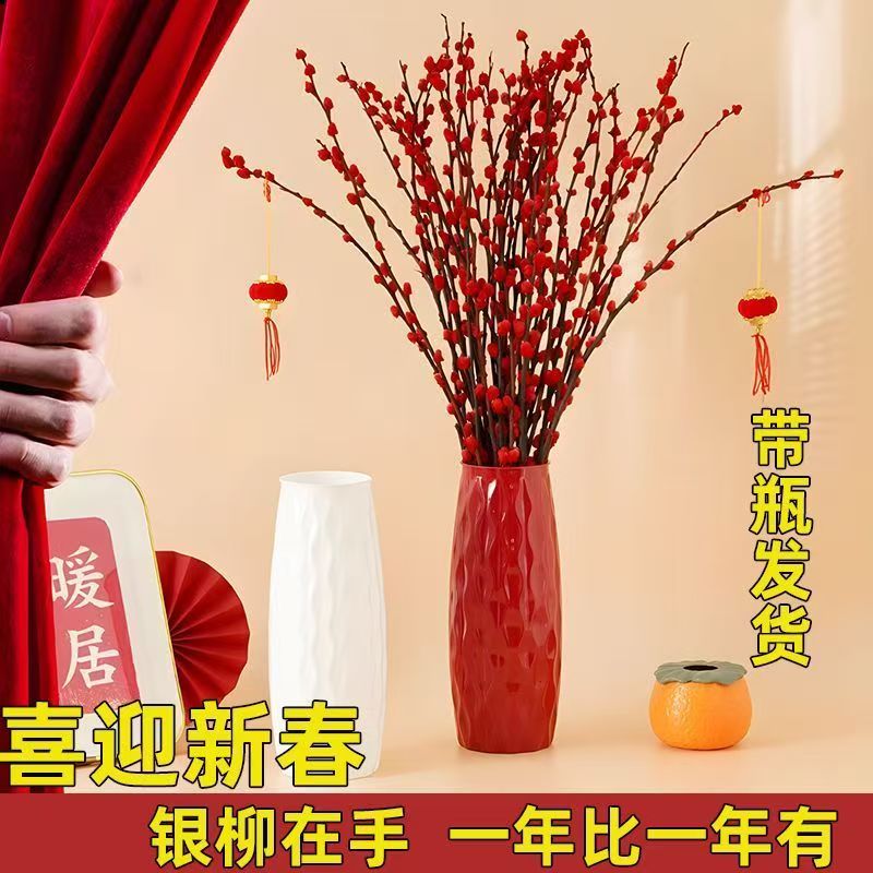 种花迷银柳真花鲜枝春节年宵植物干花红色花卉客厅福桶室内装饰耐寒招财 波浪红色花瓶+45厘米银柳20支+灯笼2个