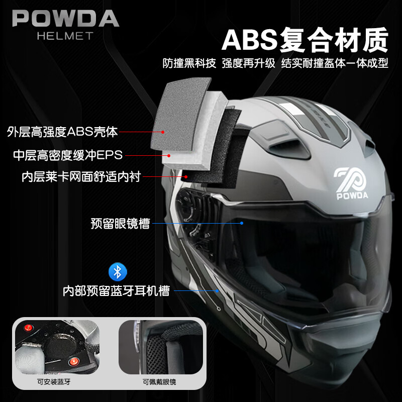 POWDA摩托车头盔全盔保暖仿赛机车四季男女通用ECEDOT通勤电动车安全帽 A608机甲灰-透明镜片 M(54-55cm)