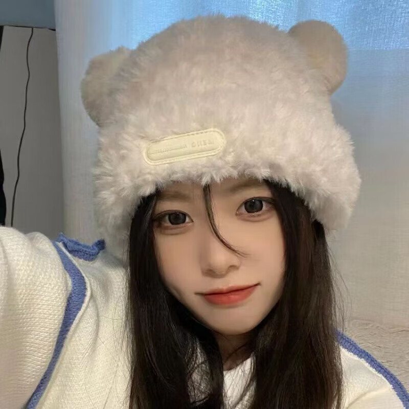 |秋冬毛绒帽子百搭保暖防寒套头护耳小熊帽显脸小时尚百搭甜美可 驼色 均码