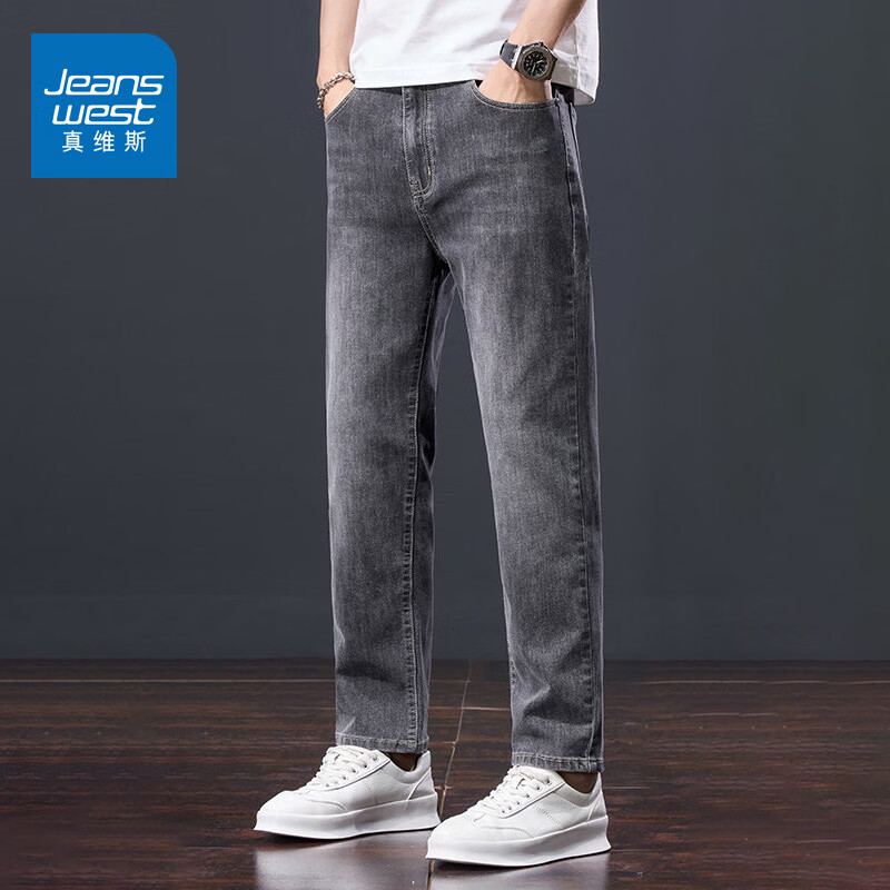 真维斯男士牛仔裤直筒修身男裤2026新款潮牌秋冬高端男款休闲裤子男加绒 黑灰色九分 28