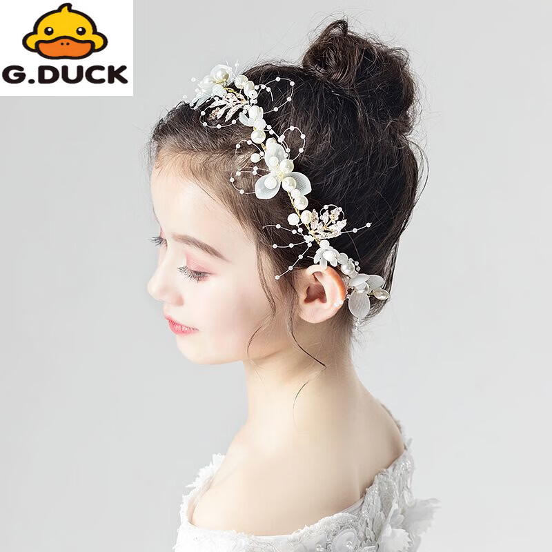 G.duck儿童头花饰品女童花环头饰小女孩花朵公主森女系韩国花童发饰演出 鹅毛单asx011+耳夹【款】