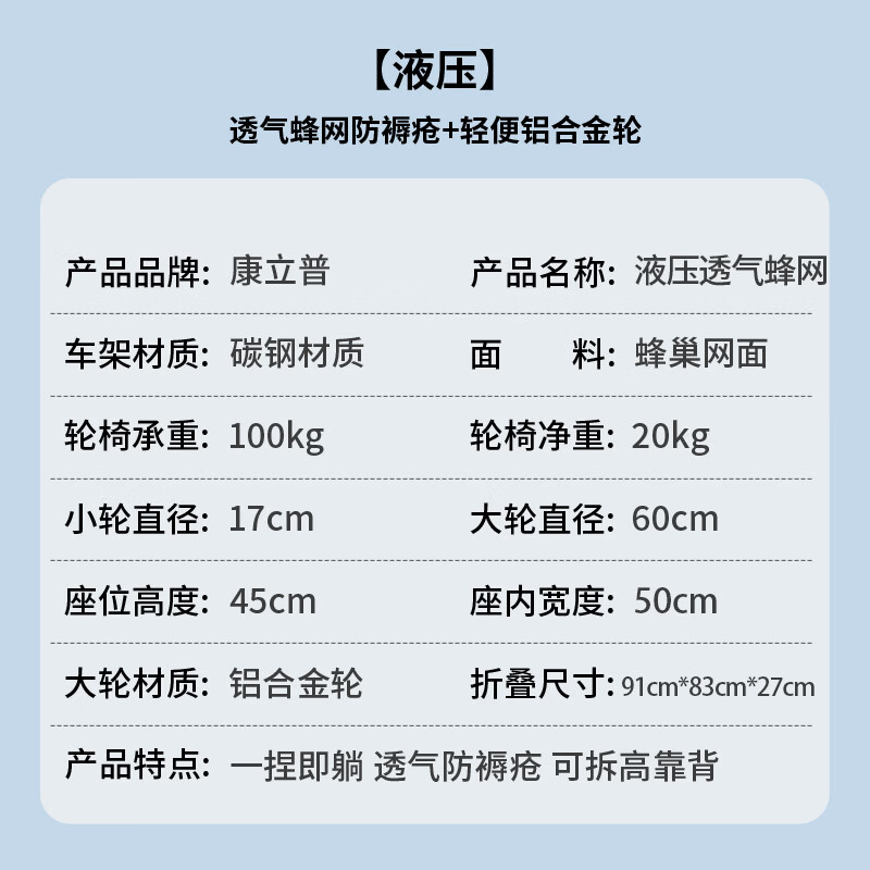 康立普（CANLIPE）轮椅瘫痪老年人可躺可洗澡大小便家用小型轻便折叠专用出行代步车 【液压】透气蜂网防褥疮+轻便铝合金轮+赠品