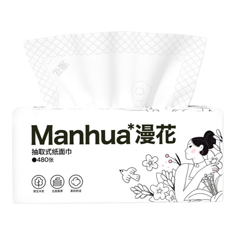 【超值】漫花480张5层大包纸巾抽纸整箱实惠装擦手卫生纸餐巾纸 佳人大包抽纸 5层 480张*5包
