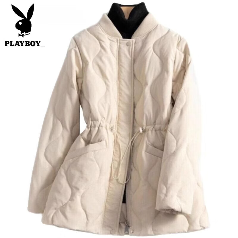 花花公子（PLAYBOY）收腰显瘦轻薄羽绒棉服女保暖棉衣外套 米杏色 [女士上衣/洋气独特 M [建议90-100斤]