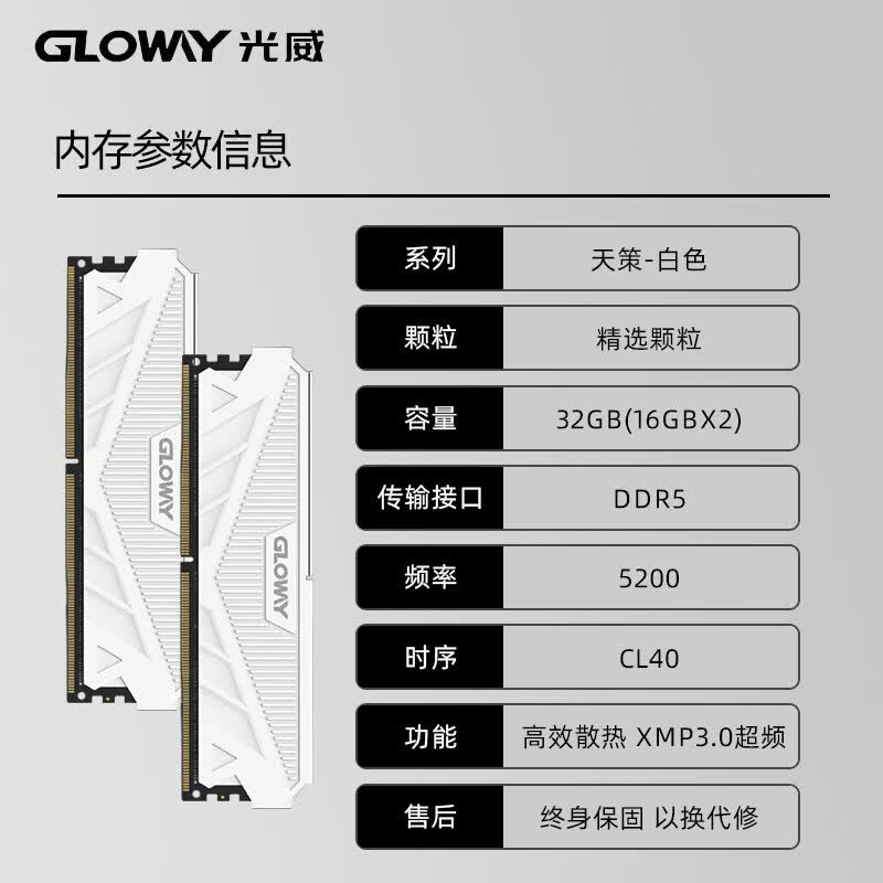 光威（Gloway）天策32g(16gx2) ddr5 4800 5200 5600 6000 6400台式机内存条 天策-白色 5200 DDR5 32GB(16GB