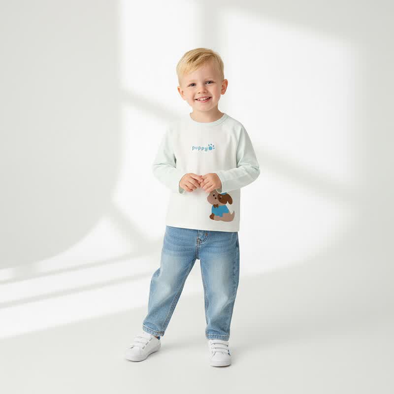 小猪大卫 PECODAVID小猪大卫春秋宝宝圆领长袖T恤打底衫纯棉单上衣裤子秋衣秋裤1-3岁 淡青袖小狗 上衣 90