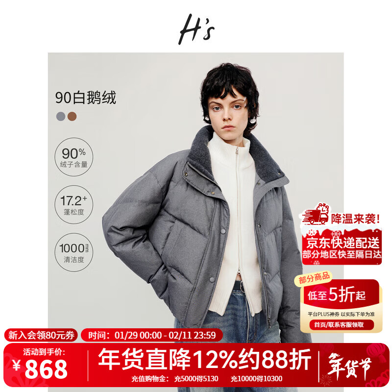 H's【白鹅绒】泡芙短款羽绒服女25冬新款高级设计立领面包服外套 中灰色 S