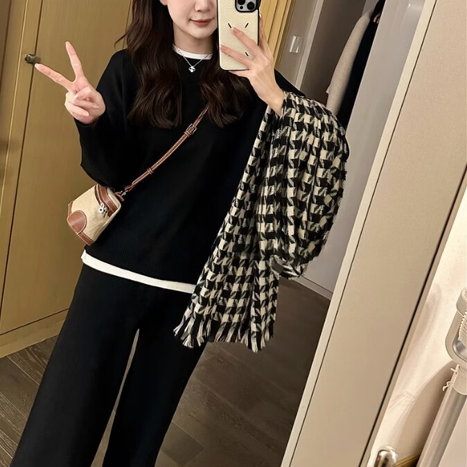 高品质秋季新款假两件毛衣阔腿裤女士两件套运动休闲时尚套装 卡其 L