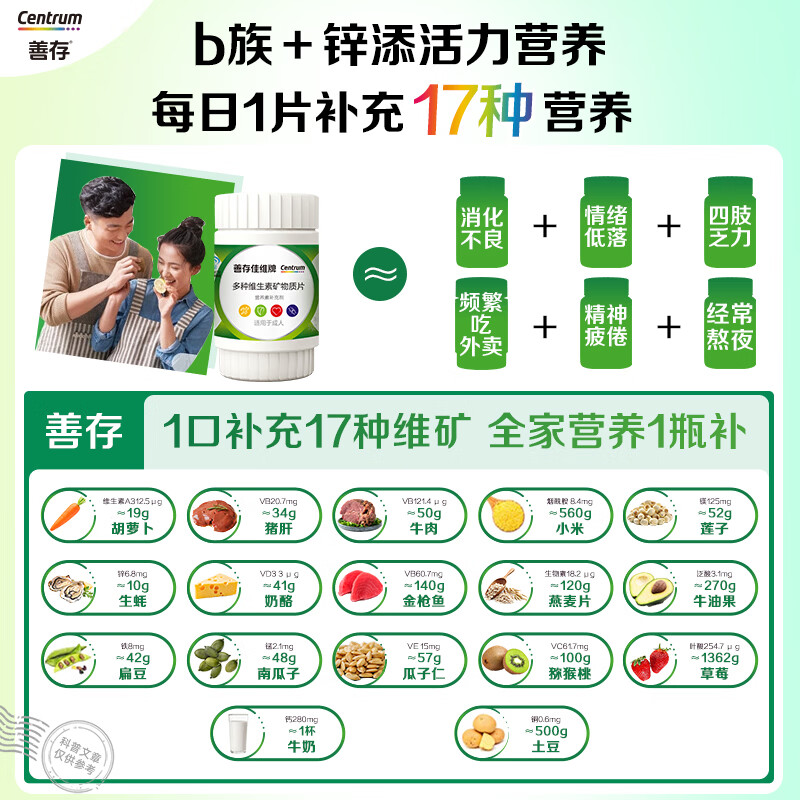 善存男女中老年佳维复合维生素 B族B12维CED3钙锌铁叶酸烟酰胺 30片
