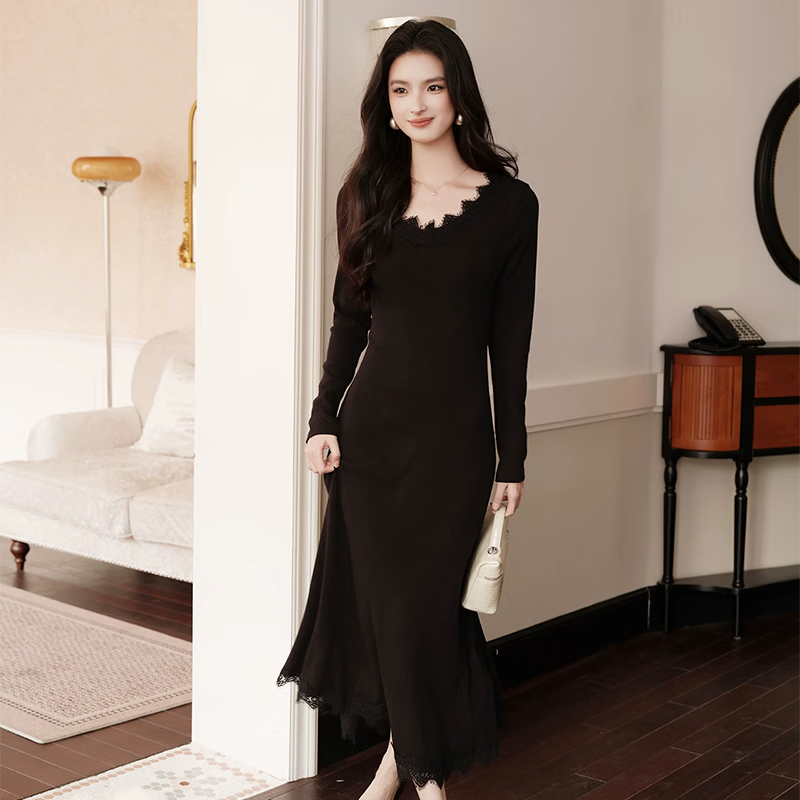 啄木鸟感红色毛衣针织连衣裙子女秋冬季2026新款配大衣内搭长裙套装 黑色连衣裙感小个子/独特超好看/法式/打底/高端精致/ 2XL 65/70kg