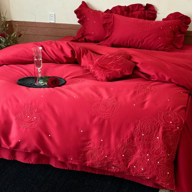 ROLAND LIVE长绒棉婚庆四件套玫瑰刺绣红色喜庆被套床单结婚铺床全棉床上用品 LB 长绒棉套件-玫瑰祈愿 床单款1.2米床丨被套150*200cm
