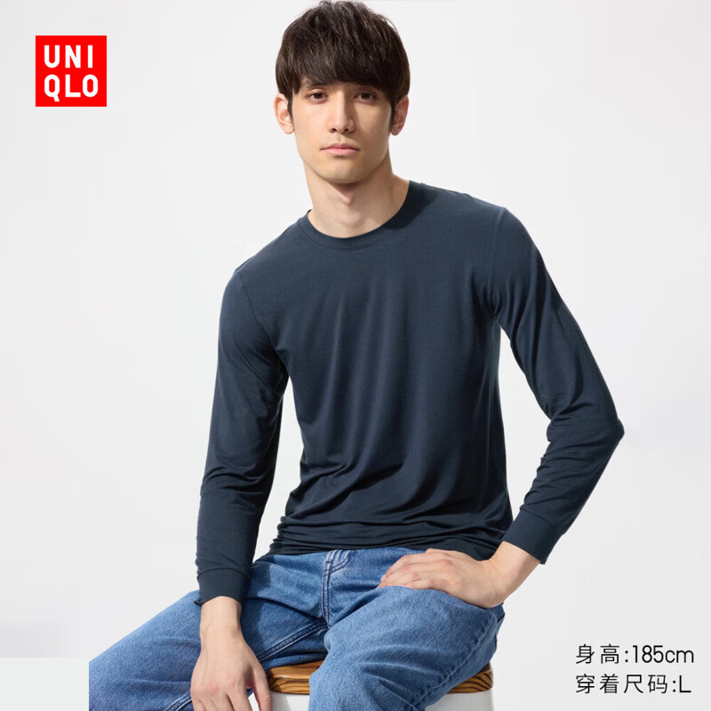 优衣库男装HEATTECH圆领T恤9分袖保暖衣秋衣内衣479428 486842 479428/69藏青色 M